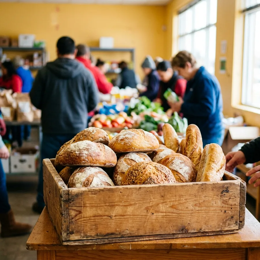 Loaves of fresh bread in a wooden crate