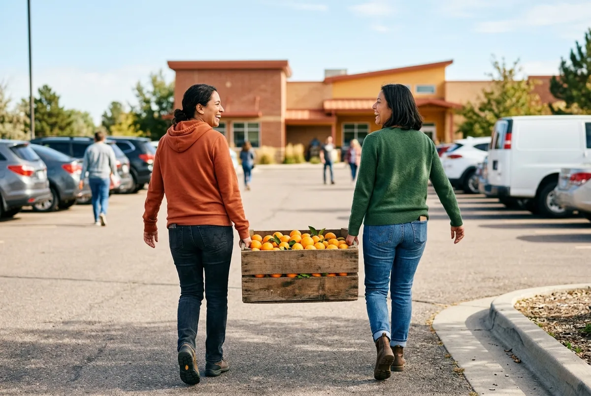 Two volunteers carrying a crate of oranges between them across a parking lot