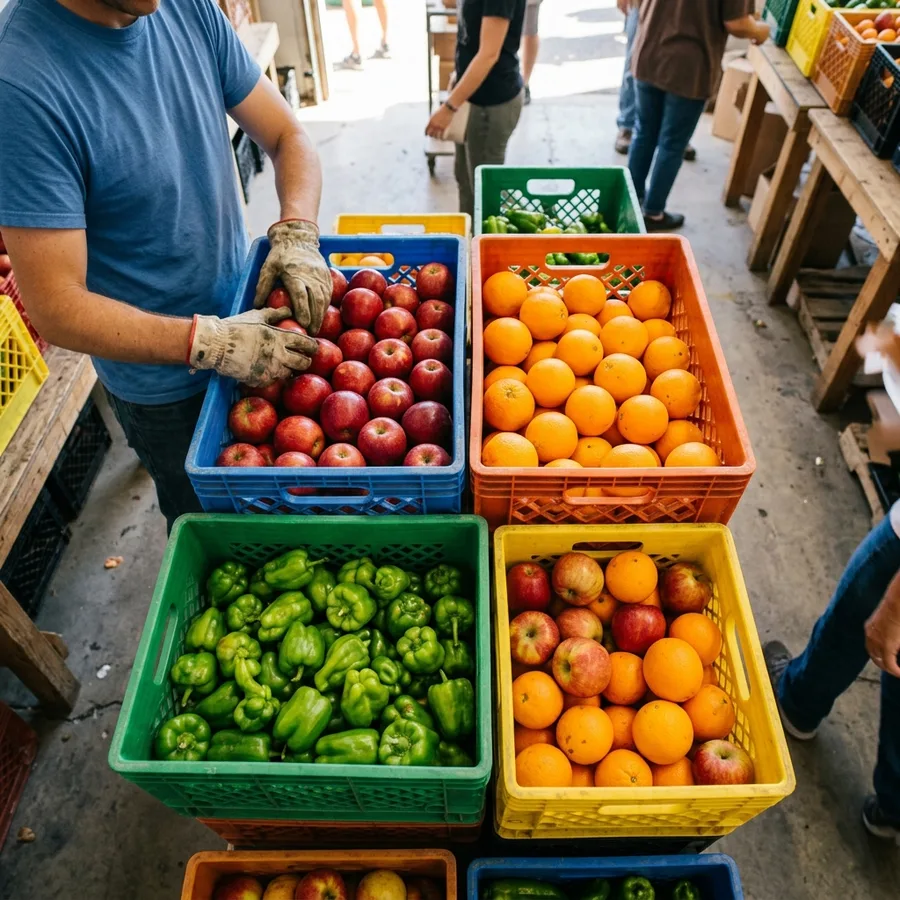 Colorful crates full of red apples, oranges and green peppers, seen from above