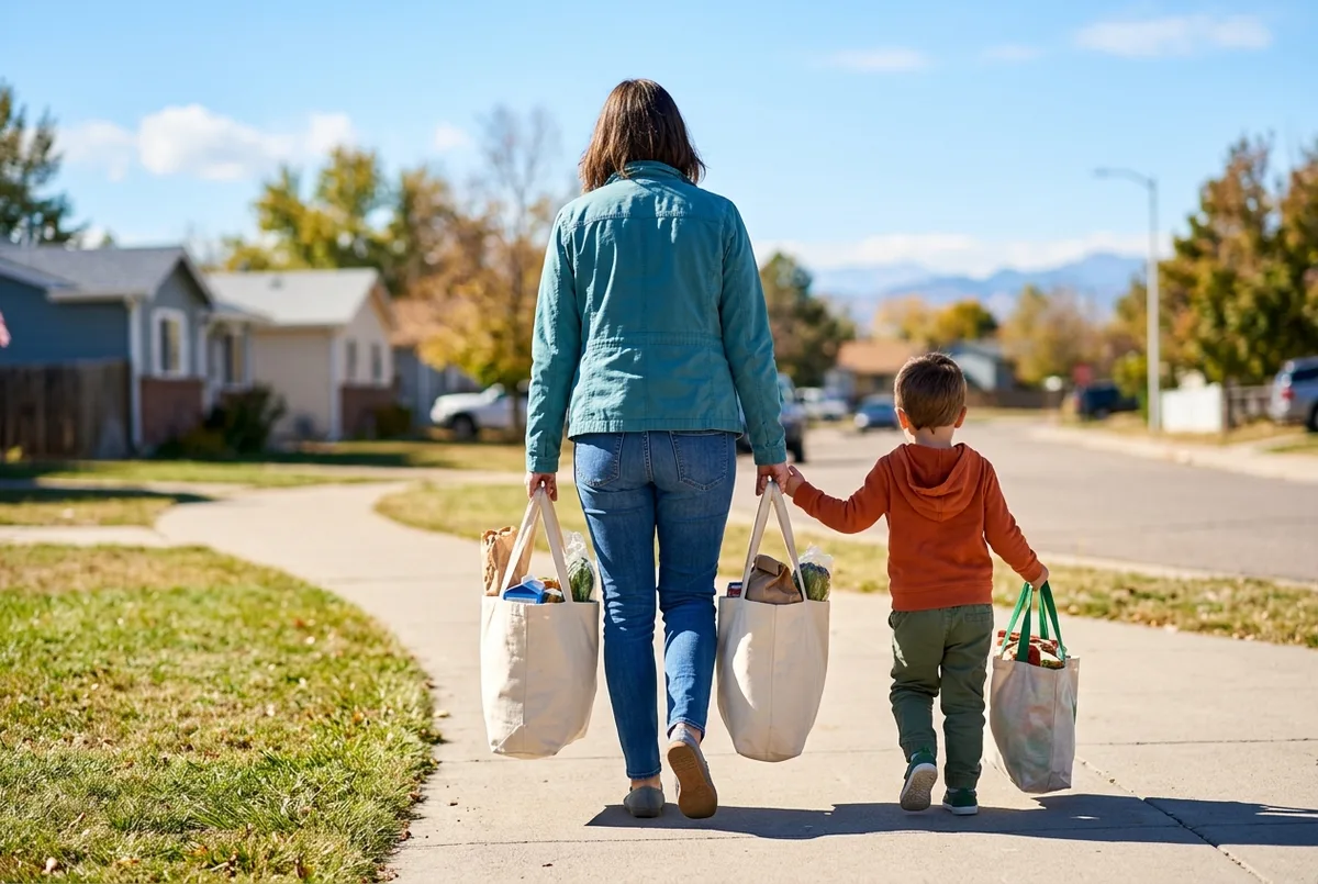 A parent and child walking away carrying full bags of groceries on a sunny day