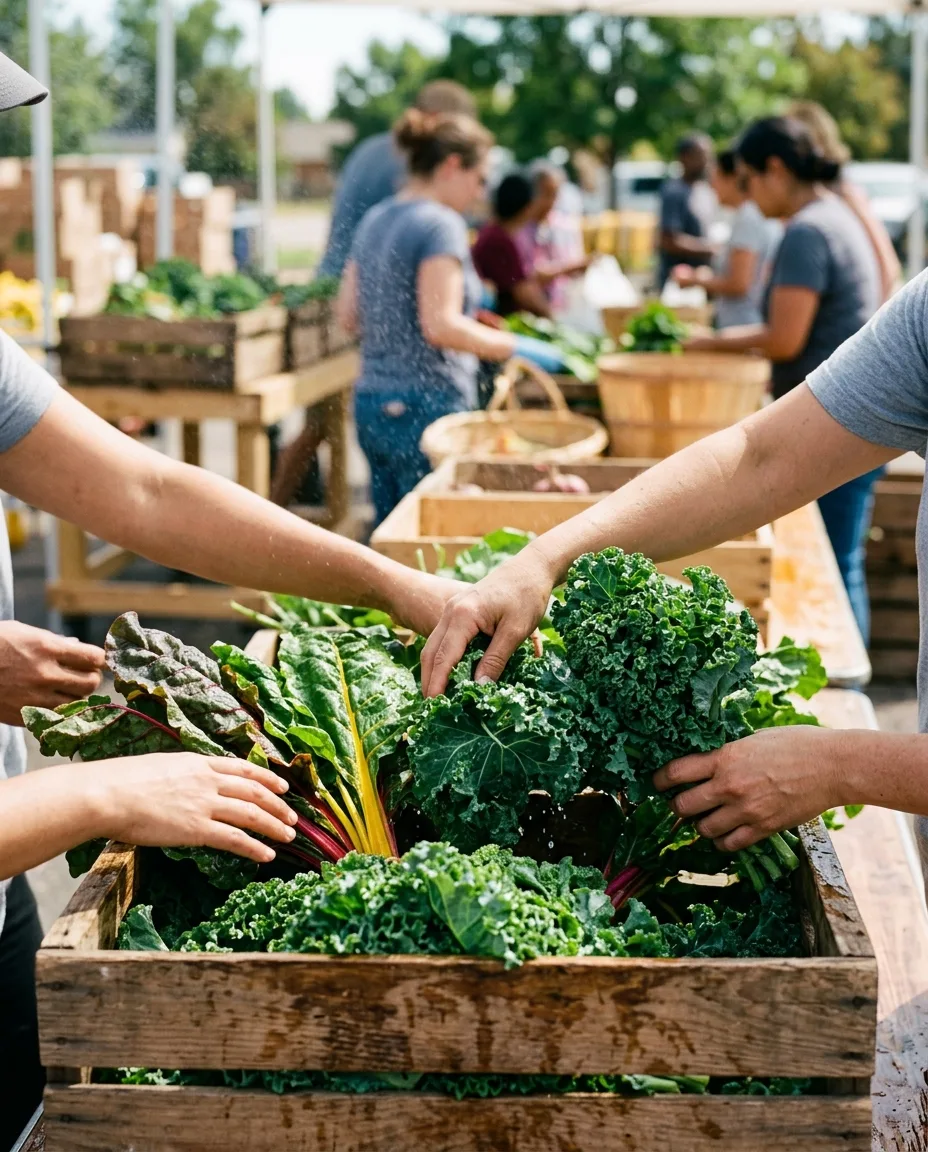 Hands arranging bunches of kale and chard in a crate, water droplets on the leaves