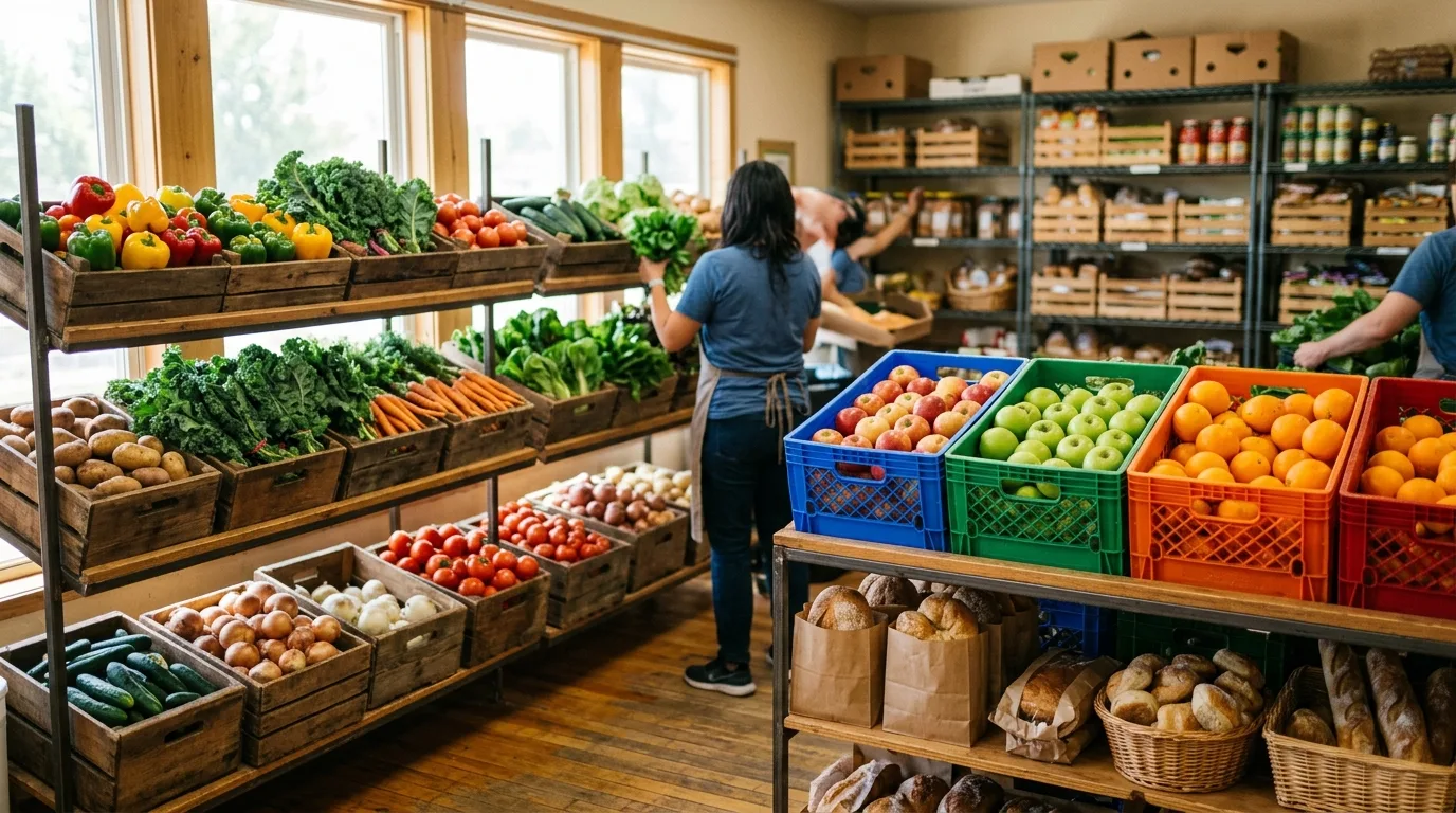 Pantry shelves fully stocked with crates of apples, oranges, greens and bread in bright daylight