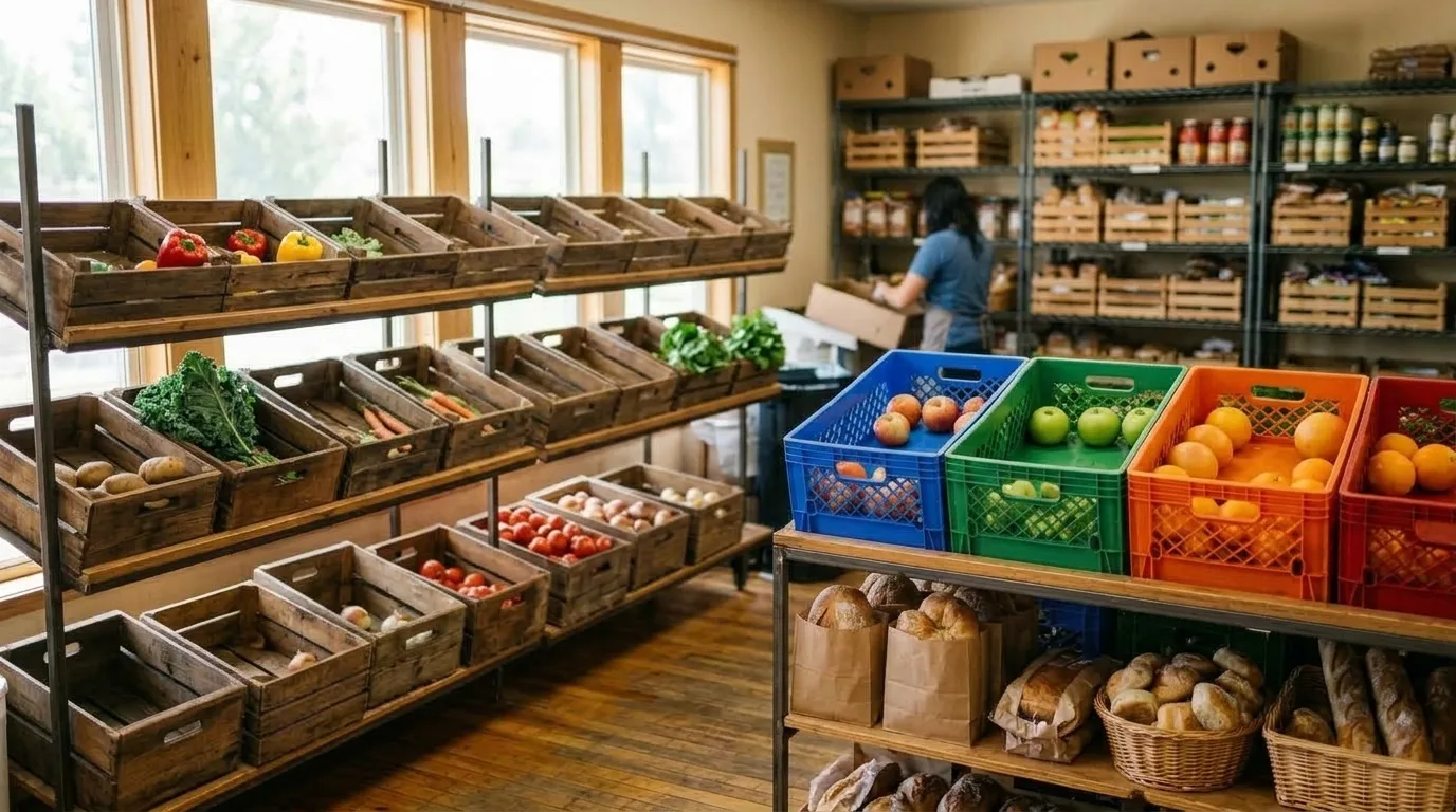 The same pantry shelves running low, a few crates of produce left