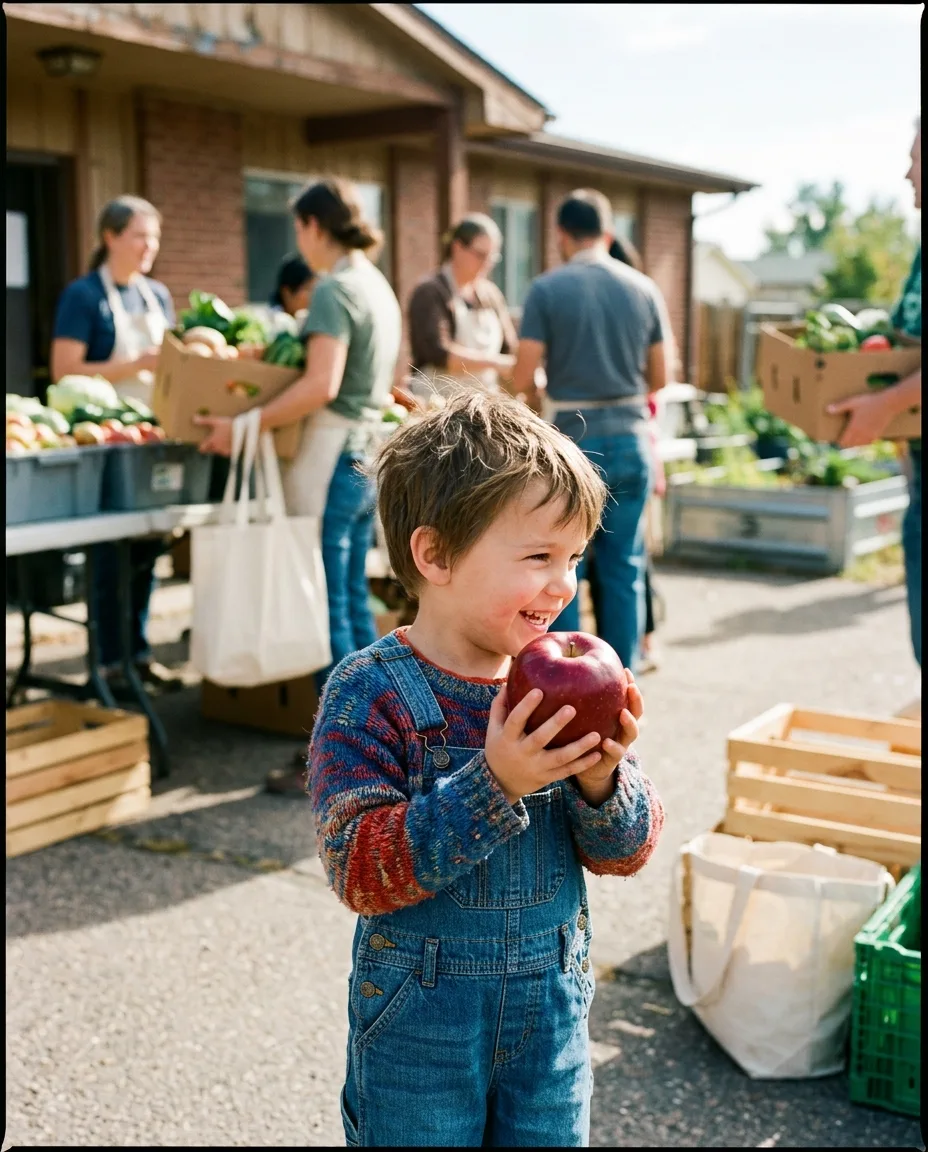 A young child holding a big red apple with both hands in bright outdoor light