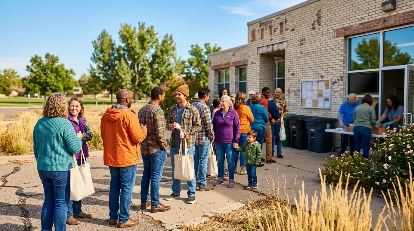 Neighbors of all ages waiting in a friendly line outside a community building on a sunny day