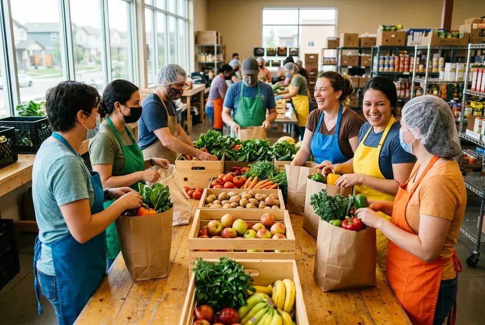 Volunteers in bright aprons packing bags of fresh produce at a long table, daylight