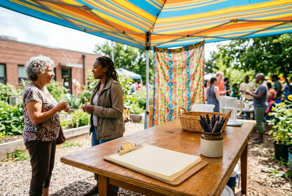 A sign-up table outside under a colorful canopy with a clipboard and a jar of pens