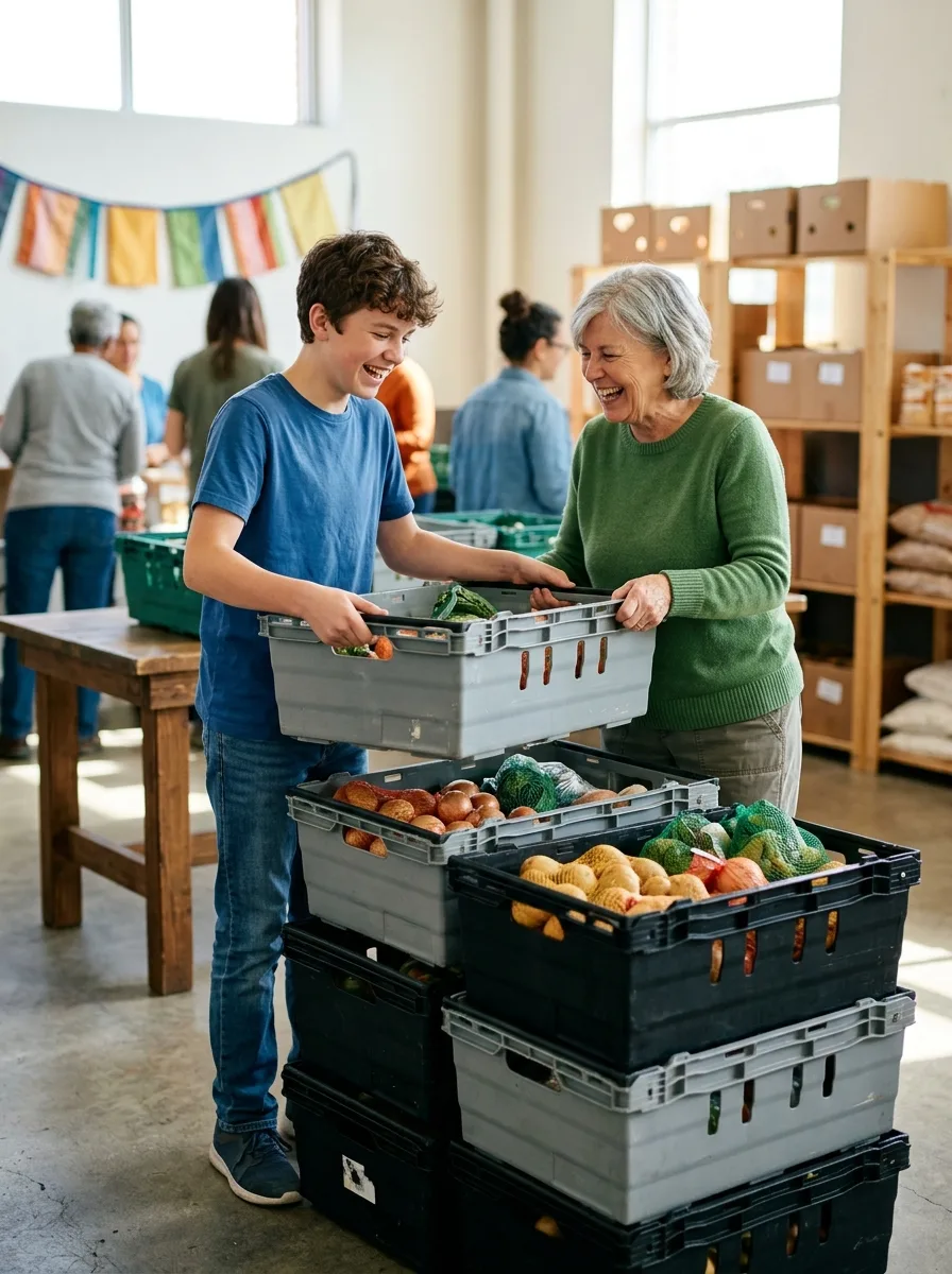 A teenager and an older volunteer stacking crates together, laughing
